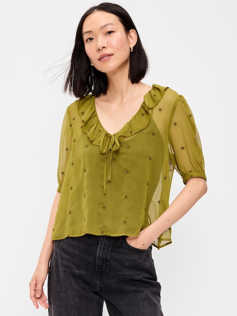 Short-Sleeve Embroidered Chiffon Top