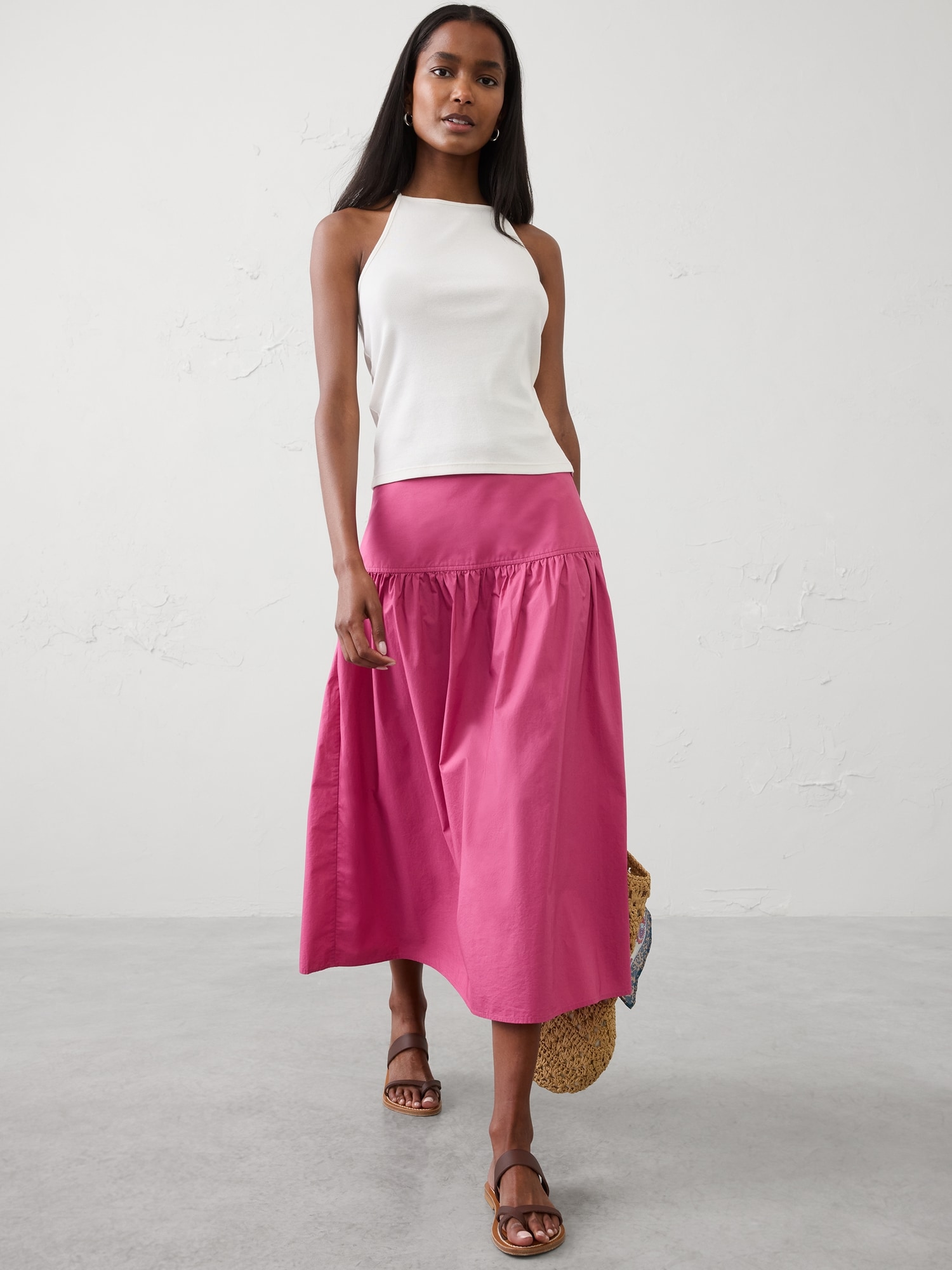 Poplin Drop-Waist Midi Skirt