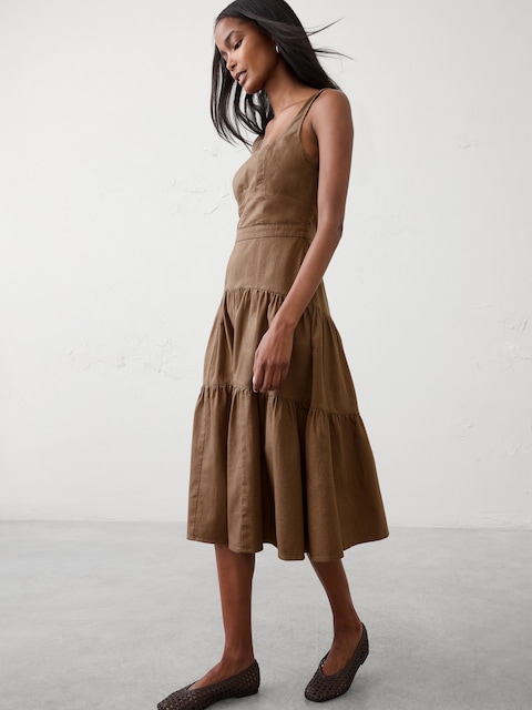 Square-Neck Tiered Denim Midi