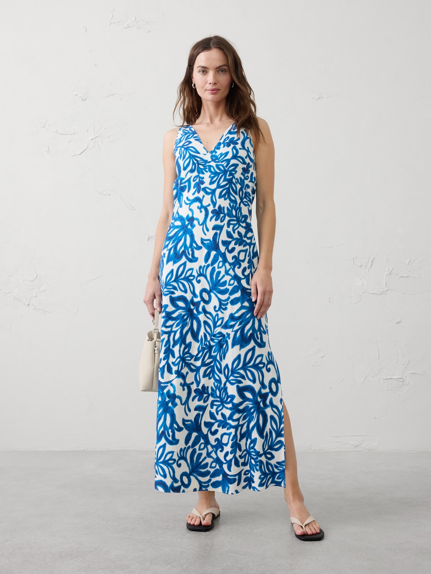 Linen-Blend Side-Slit Maxi Dress