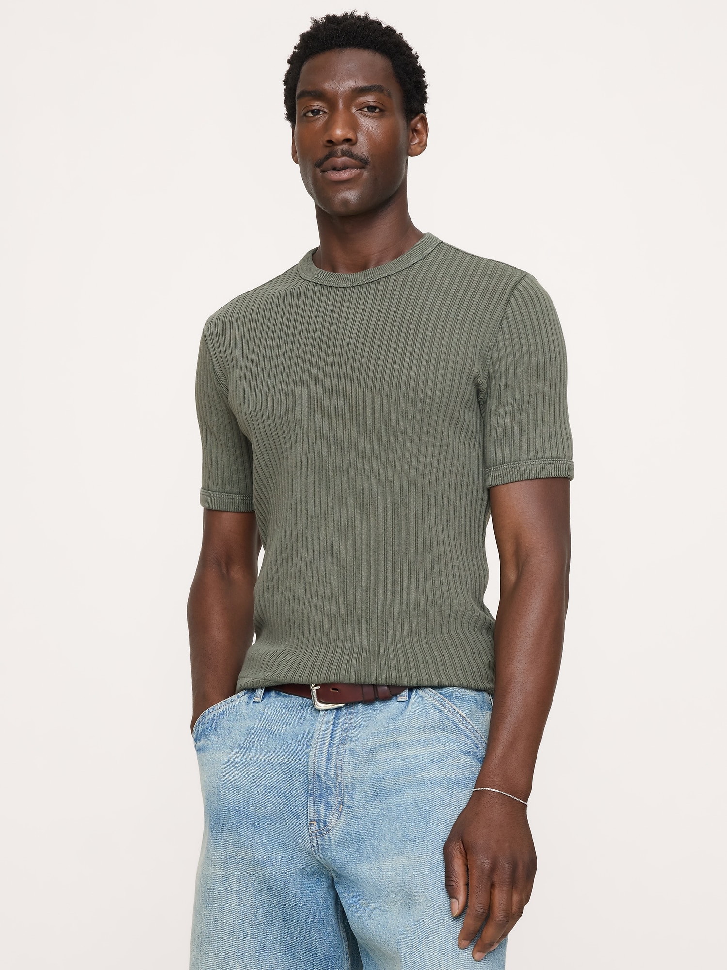 リブ ストレッチコットン クルーネックTシャツ-0