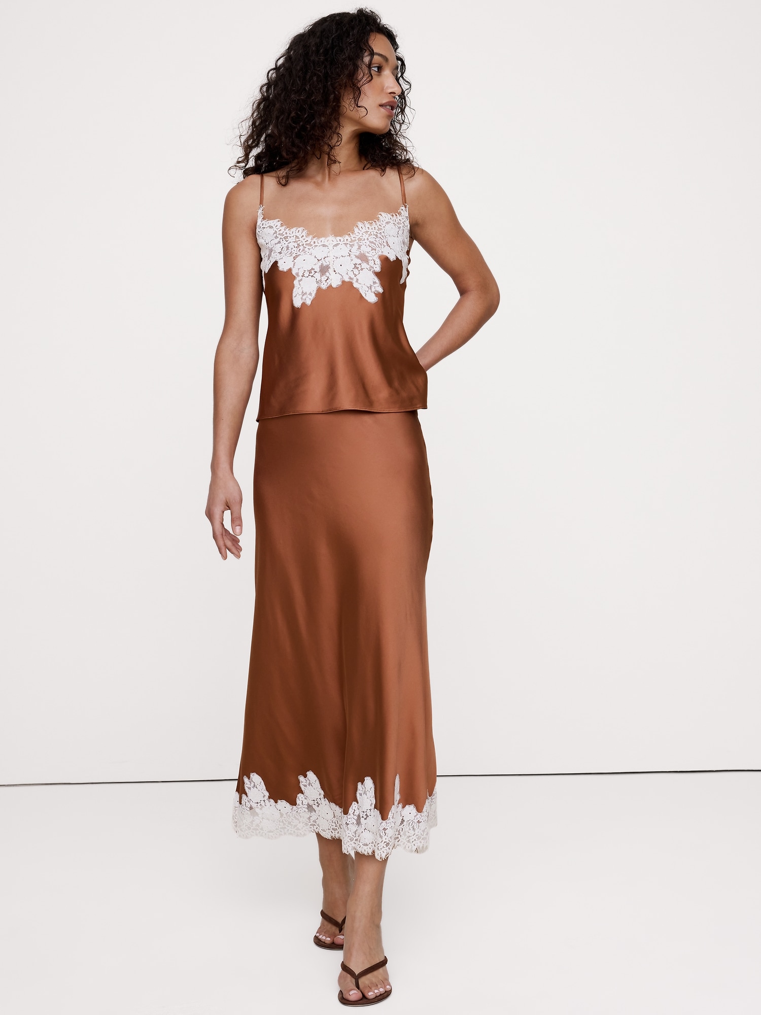 Stretch-Satin Lace Trim Midi Skirt