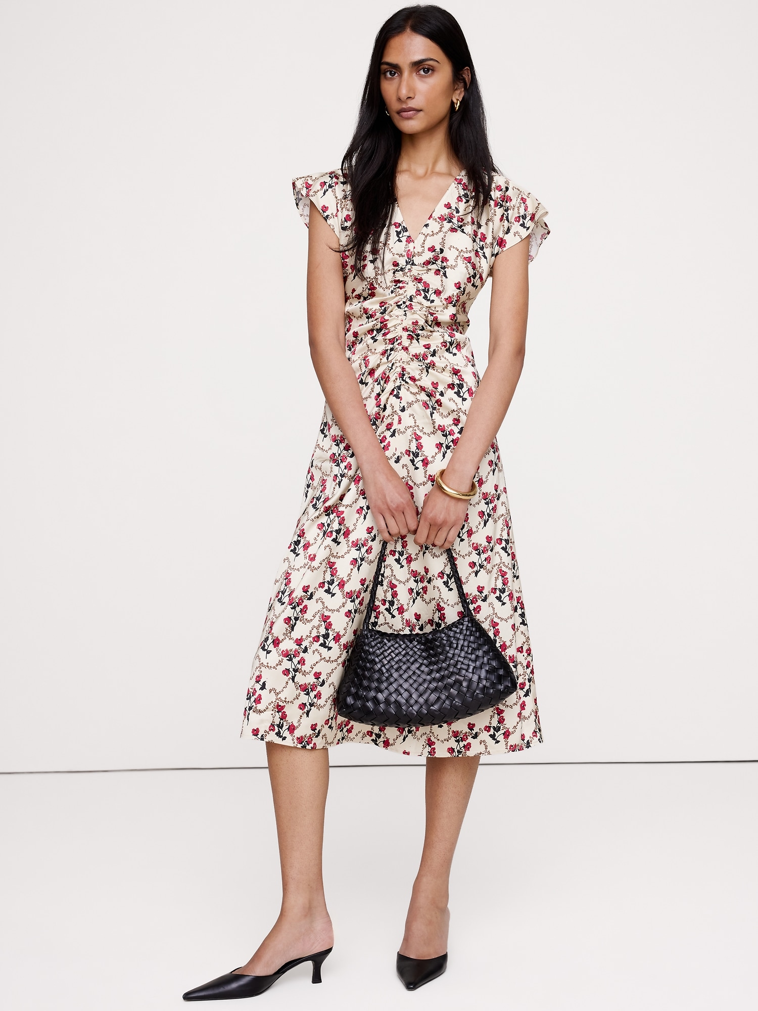 Stretch-Satin Flutter-Sleeve Midi Dress