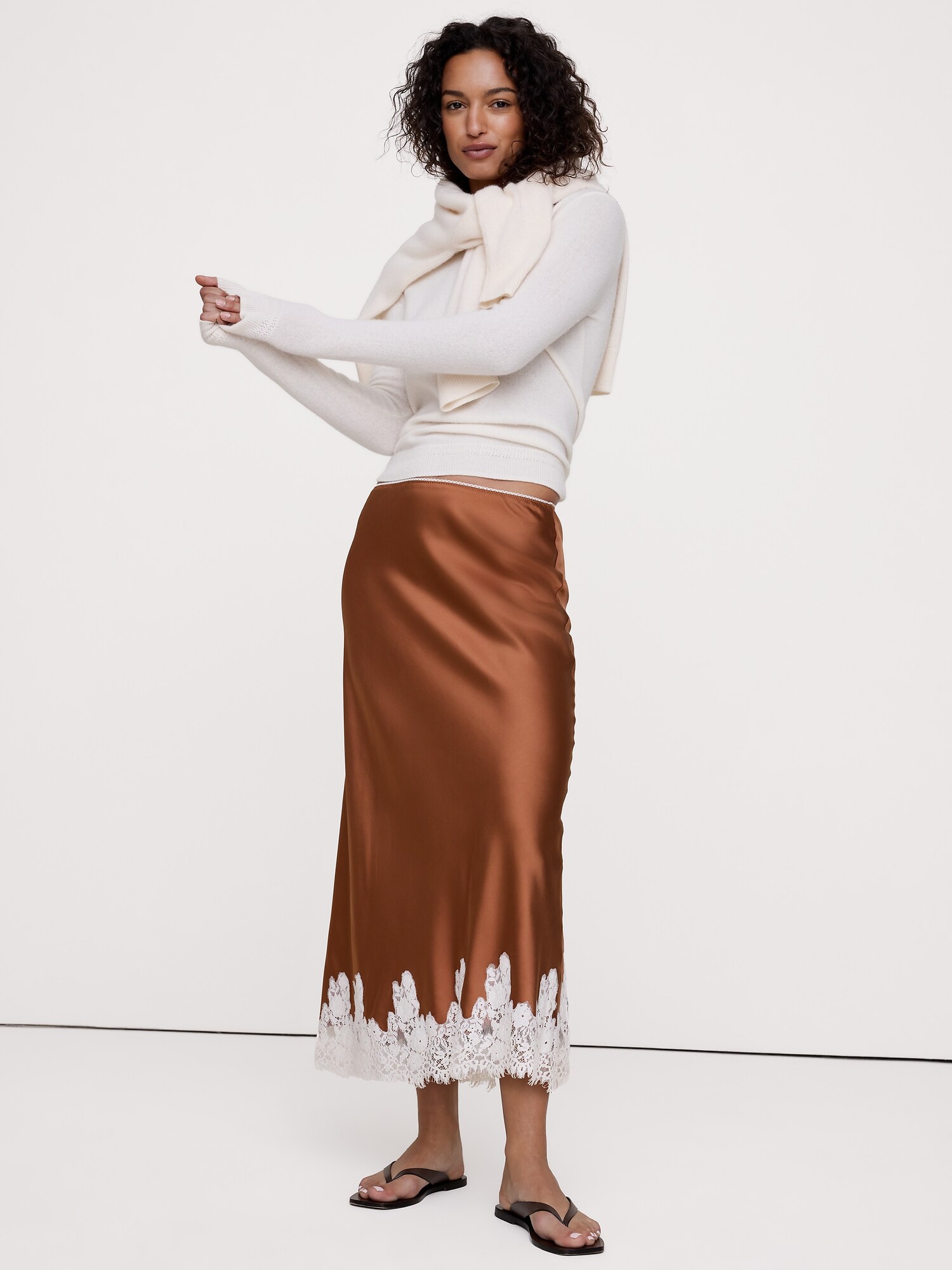 Stretch-Satin Lace Trim Midi Skirt