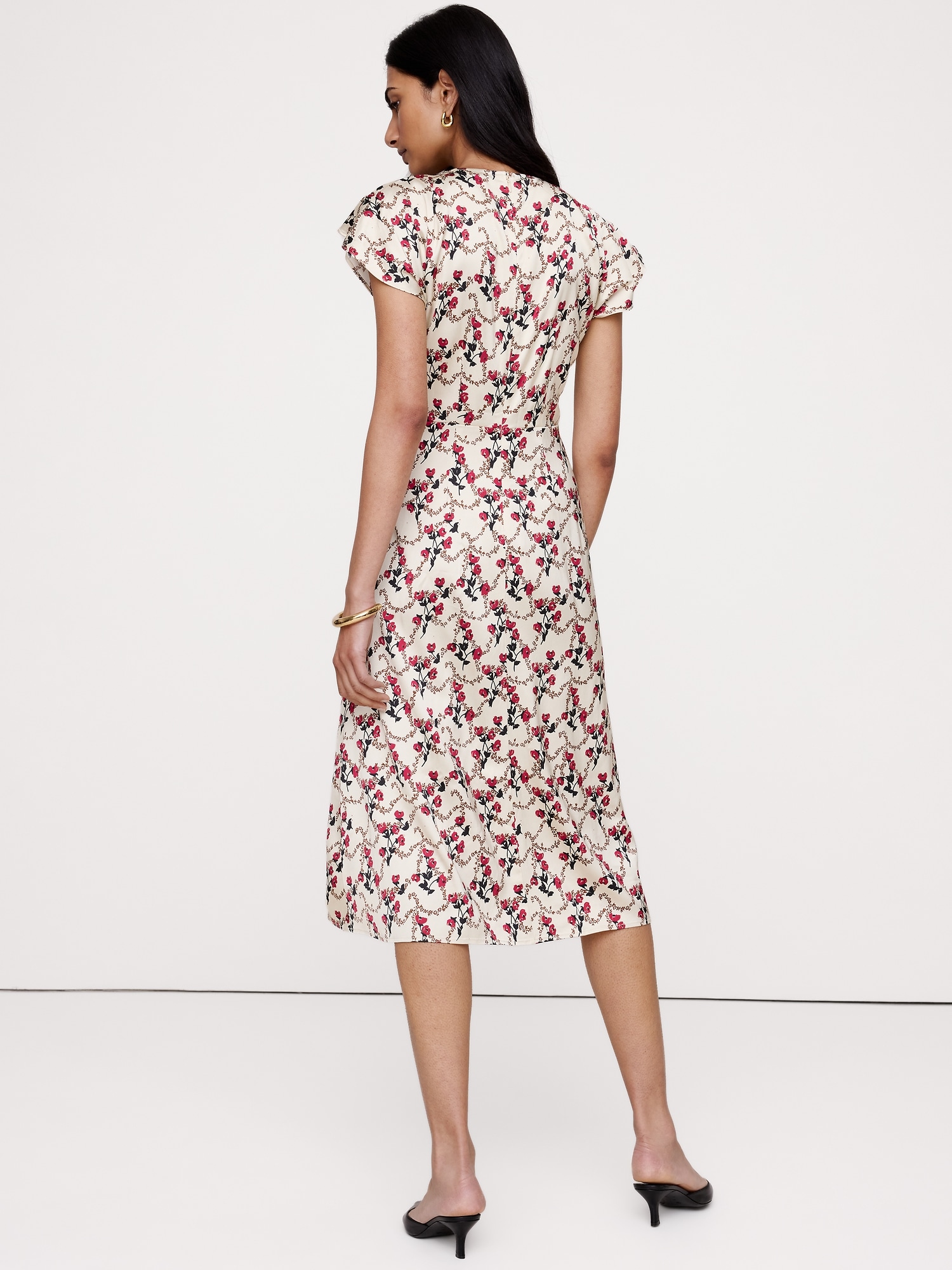 Stretch-Satin Flutter-Sleeve Midi Dress