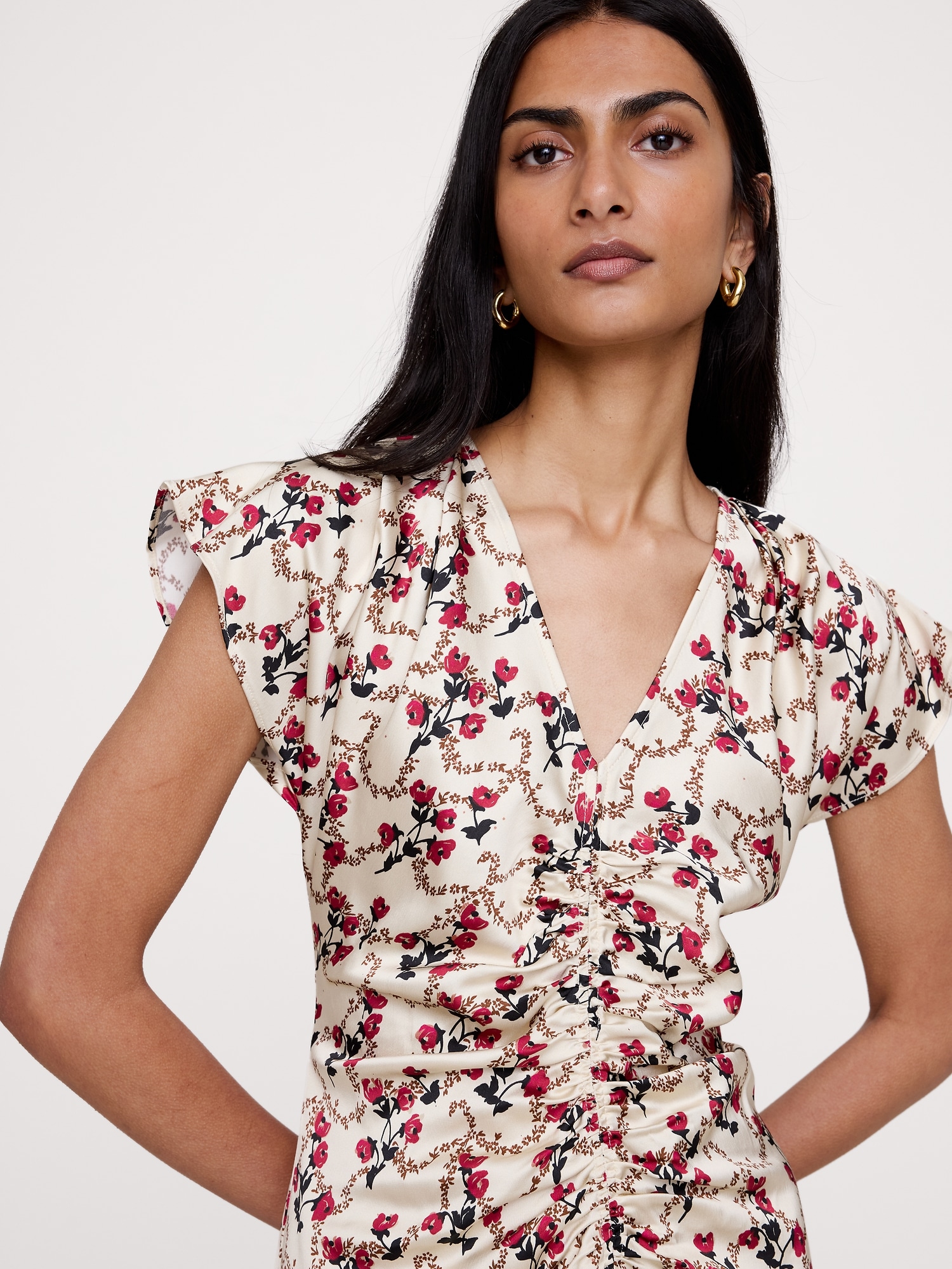 Stretch-Satin Flutter-Sleeve Midi Dress