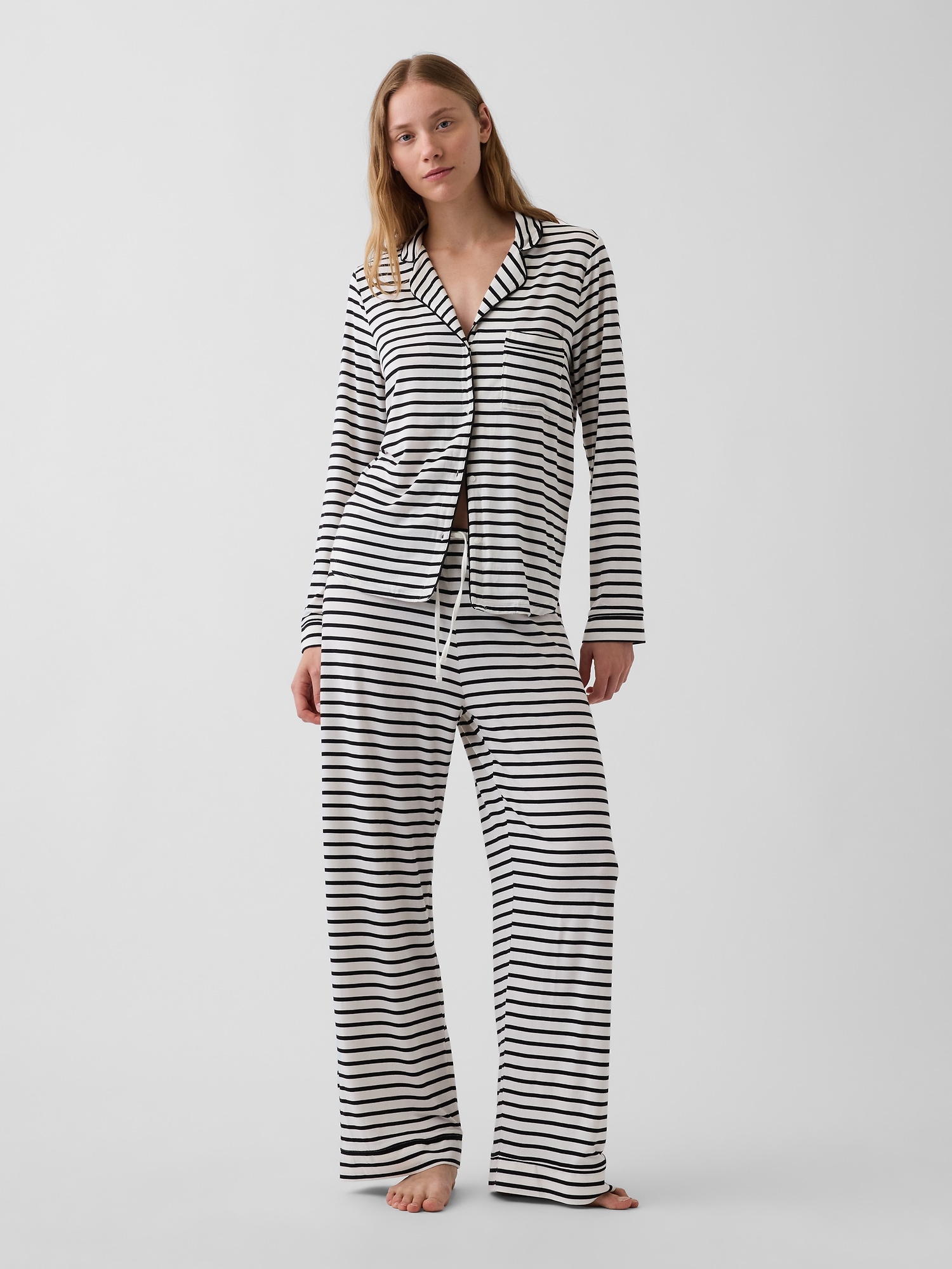 Gap Softest Modal Pj Pants In Black & Ivory Beige Stripe