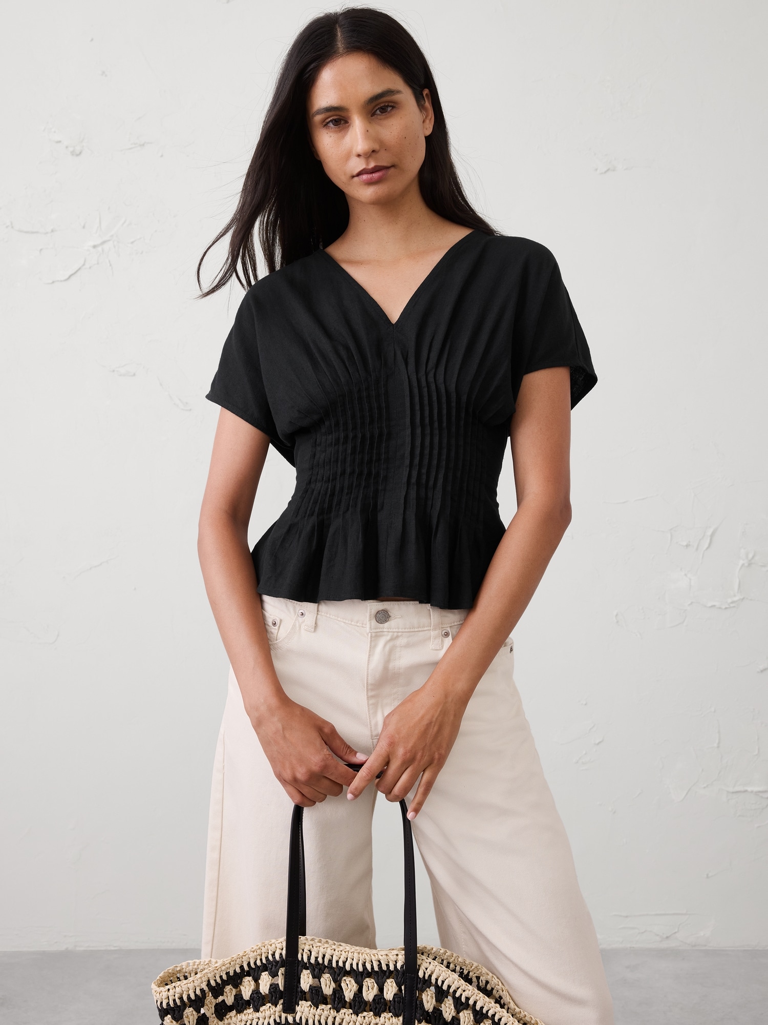 Linen-Blend Pintuck-Waist Top