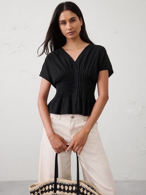 Linen-Blend Pintuck-Waist Top