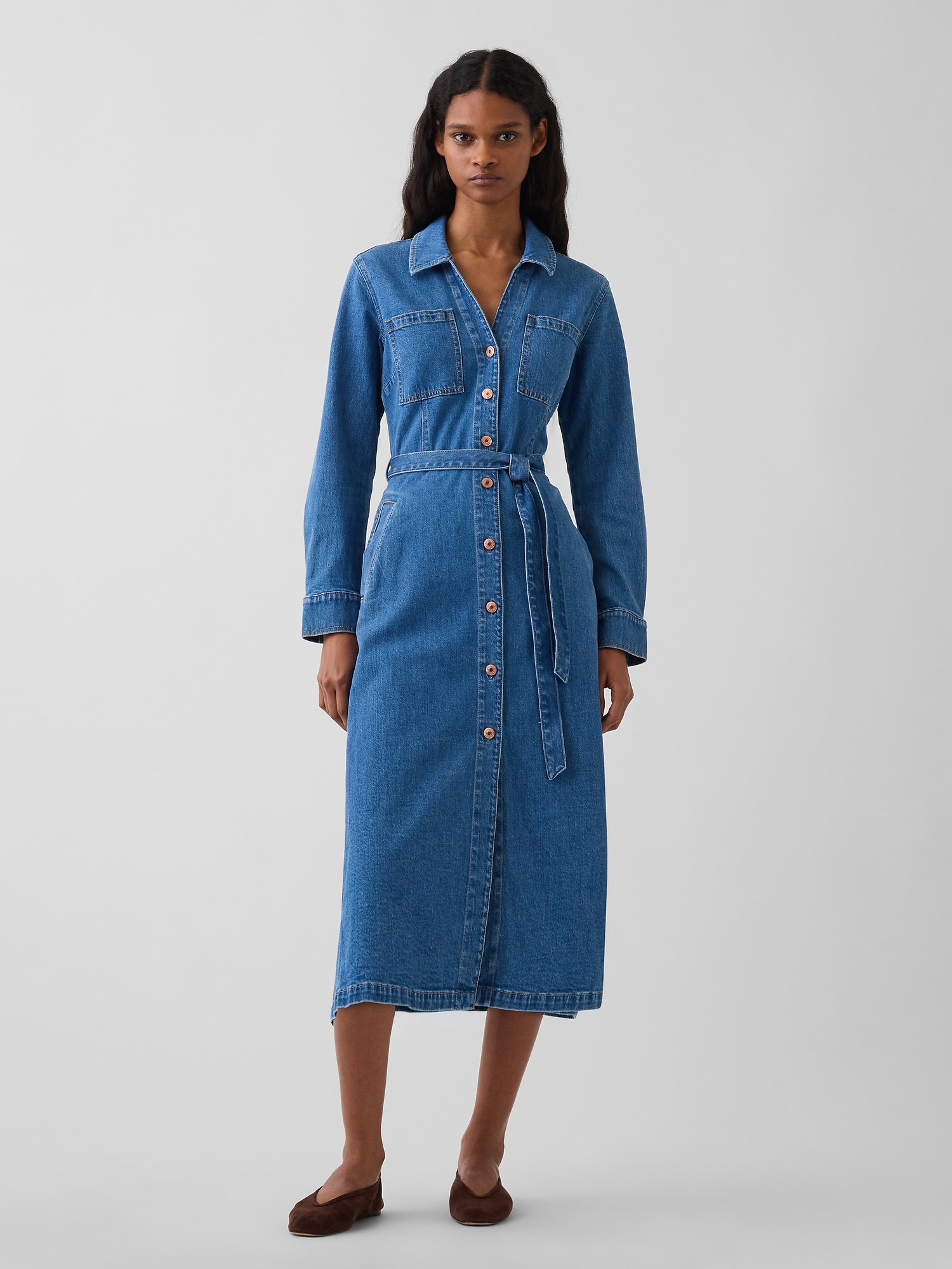 Denim Tie-Belt Midi Dress