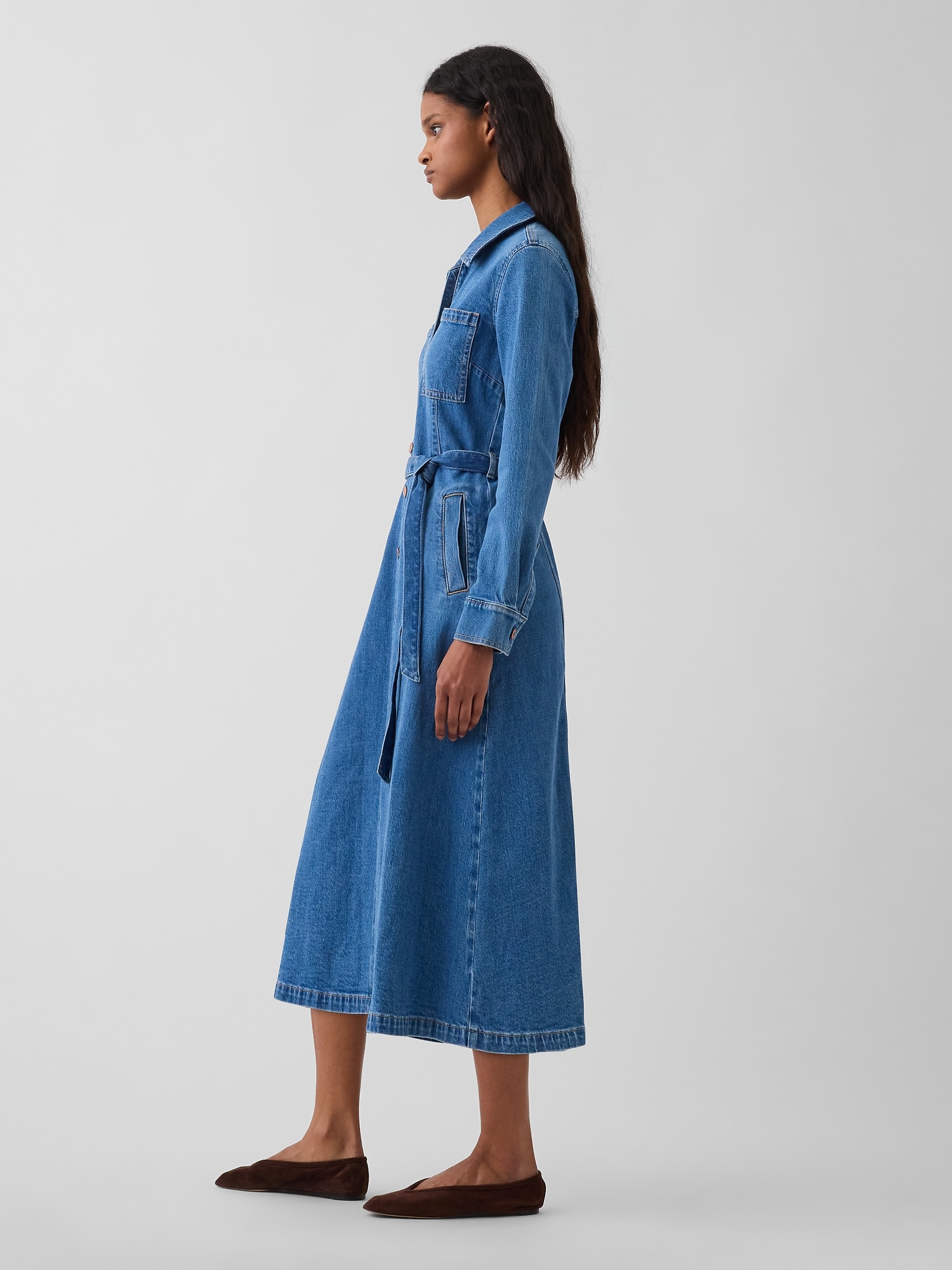 Denim Tie-Belt Midi Dress