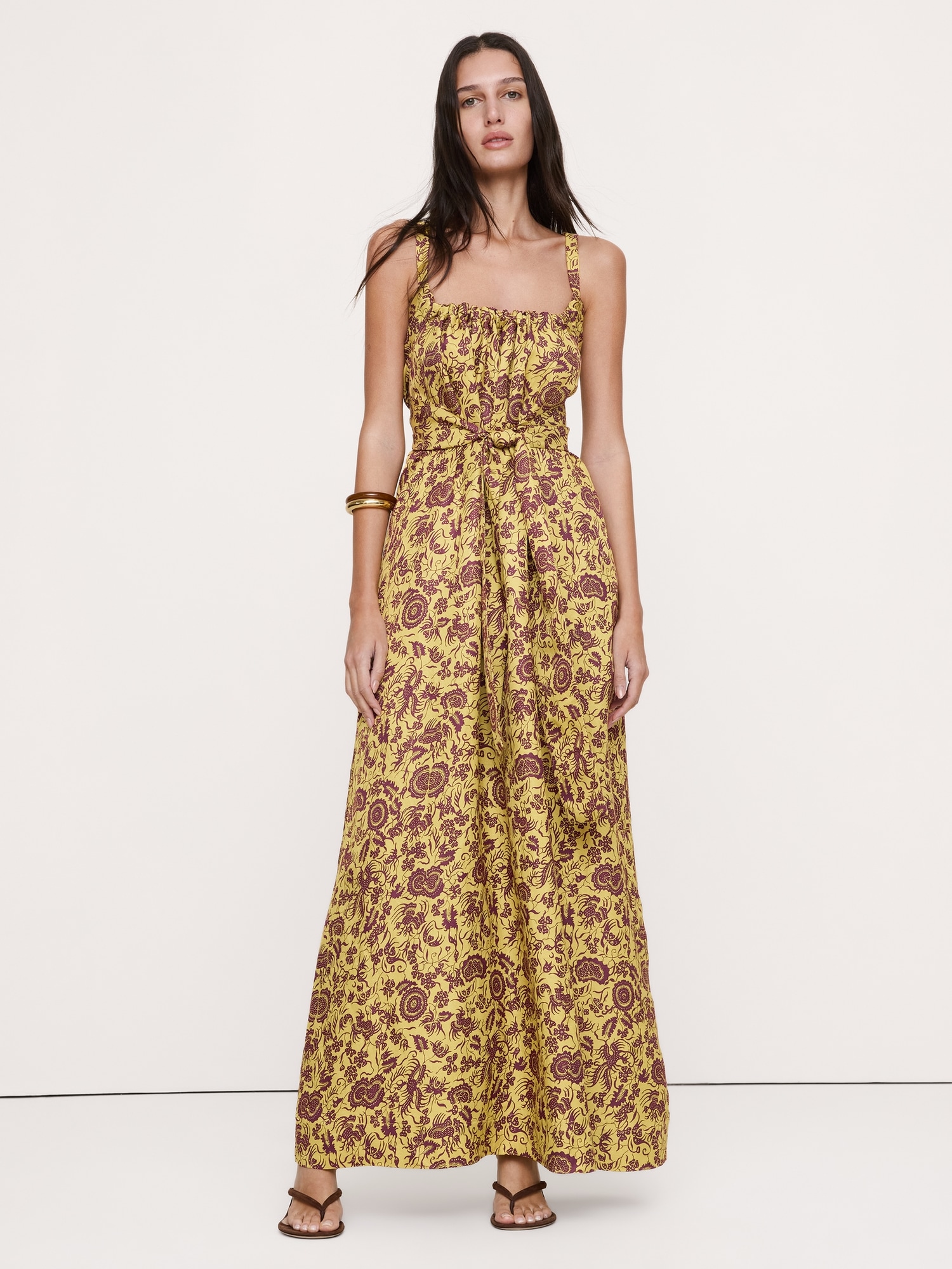 ROBE LONGUE À FRONCES EN LIN ET VISCOSE