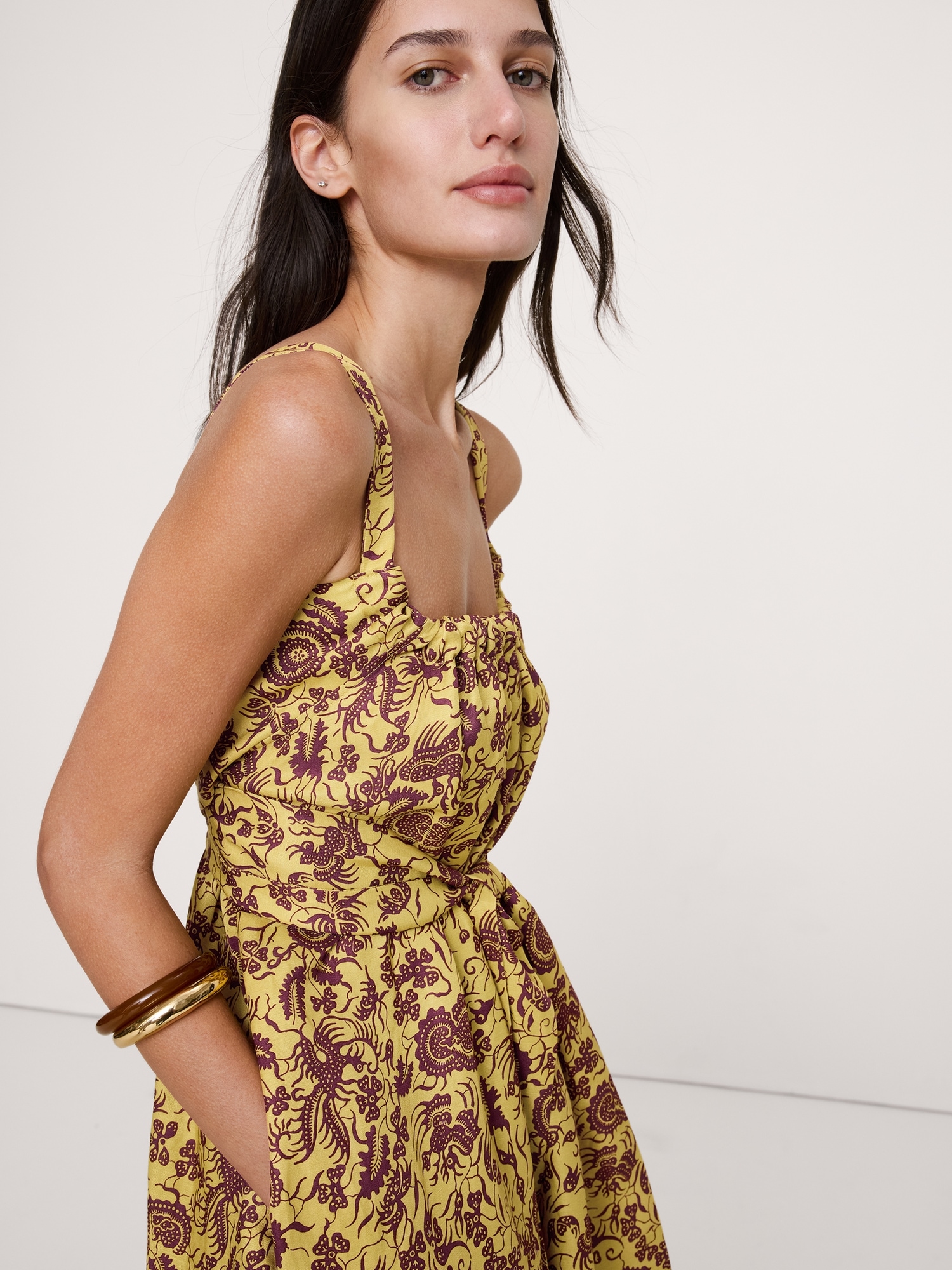Viscose-Linen Gathered Maxi Dress