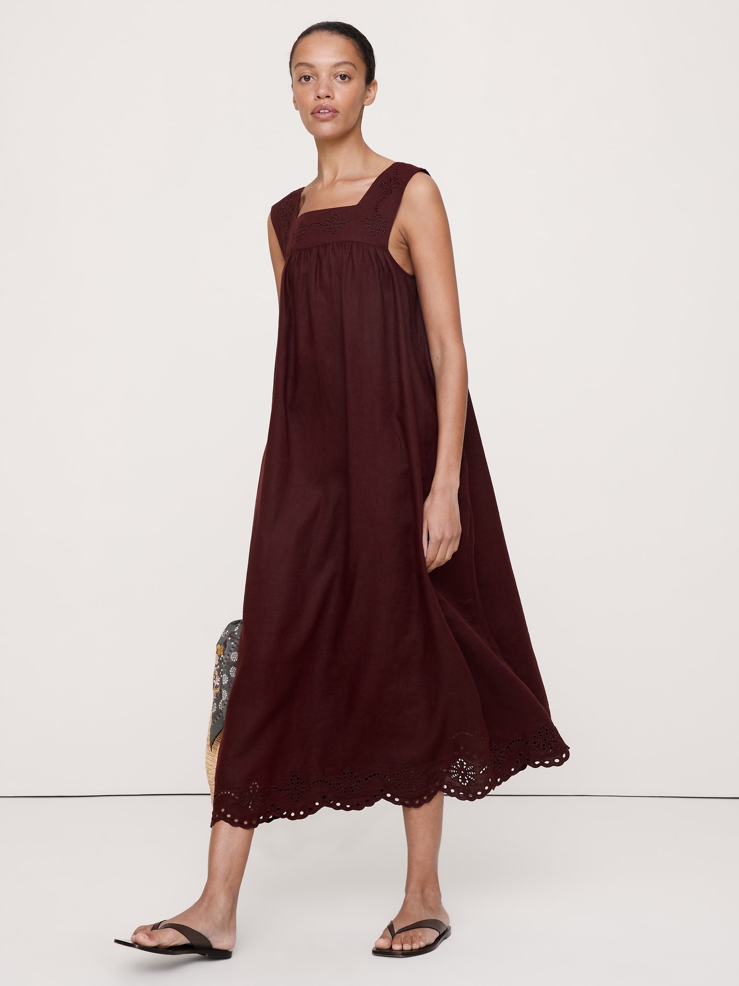 Embroidered Linen Square-Neck Dress - Radicchio Burgundy
