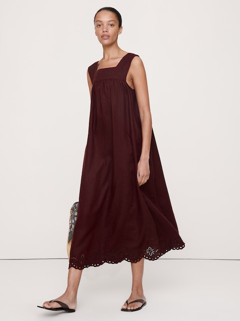 ROBE À ENCOLURE CARRÉE EN LIN BRODÉ