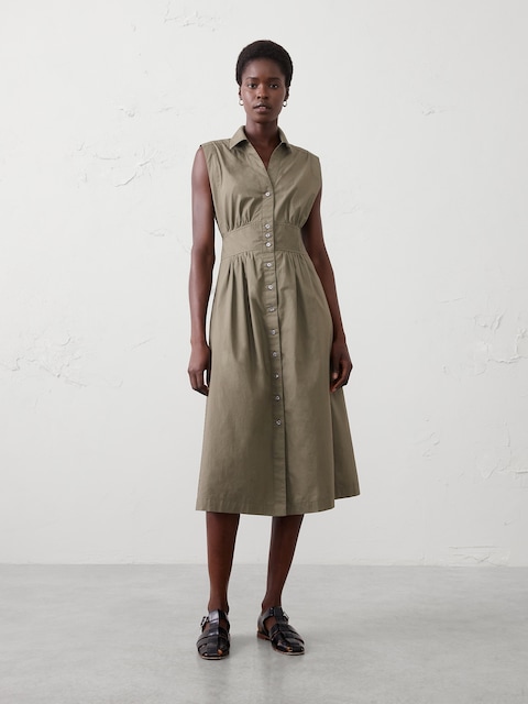 Poplin Collared Button-Down Midi Dress