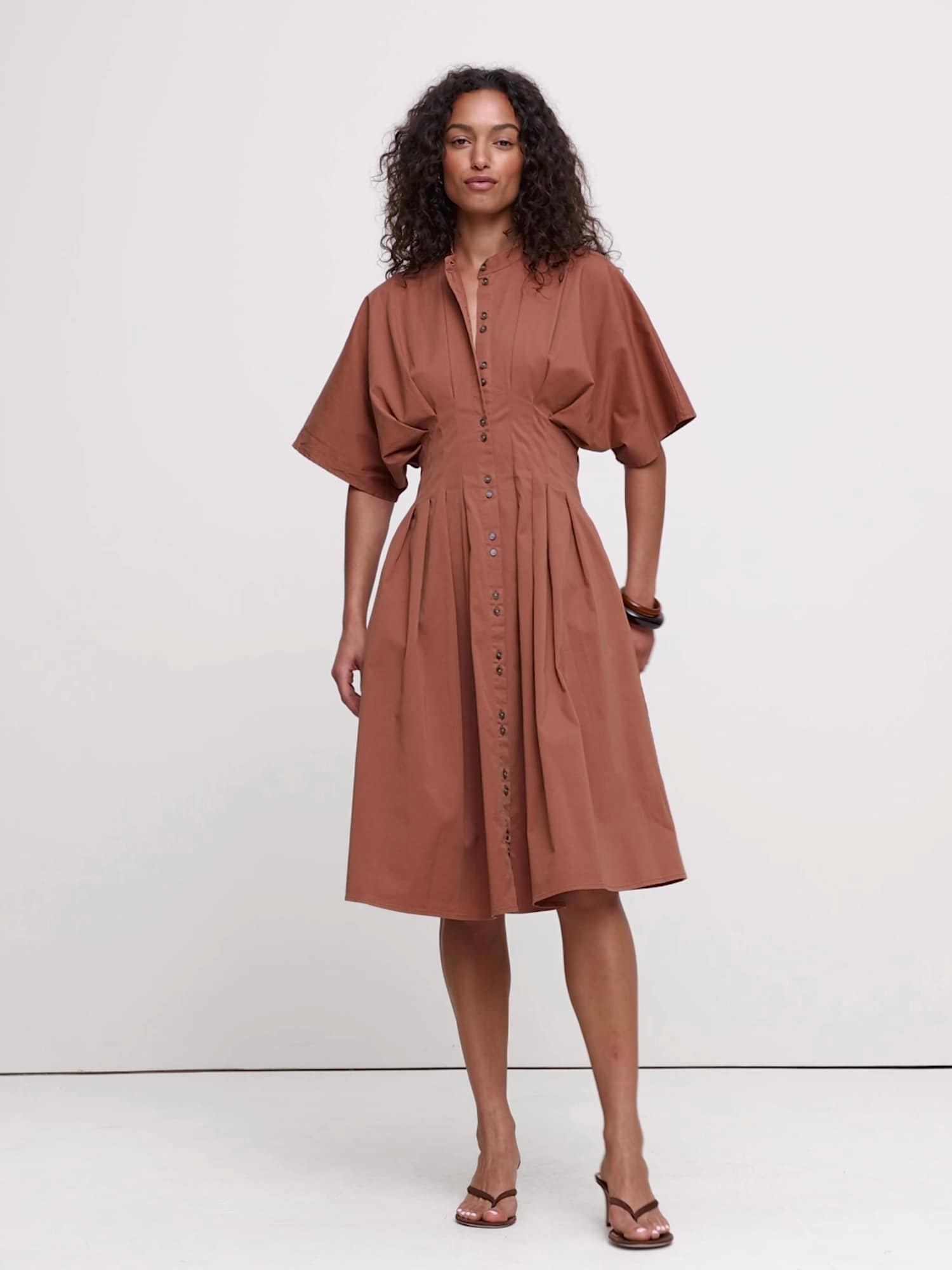Stretch-Cotton Pleated Midi Shirt Dress