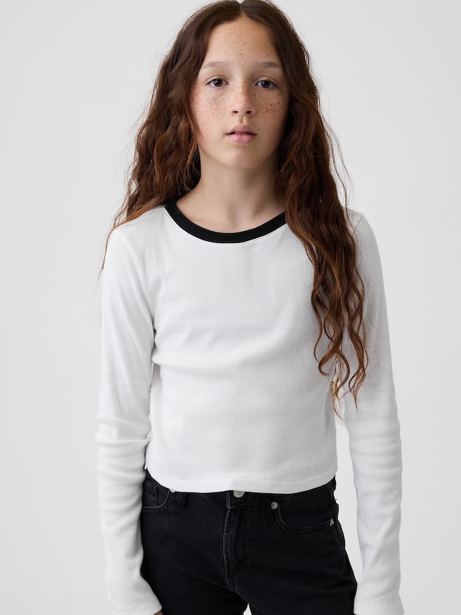 リブ クロップド リンガーTシャツ (キッズ)-0