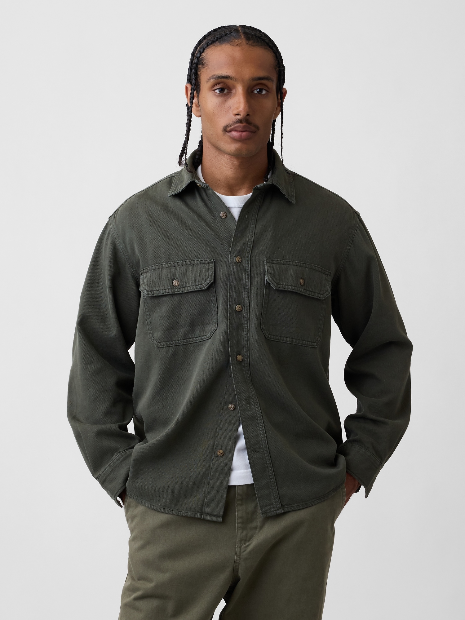 Gap Ultrasoft Denim Relaxed Utility Shirt In Tweed Green