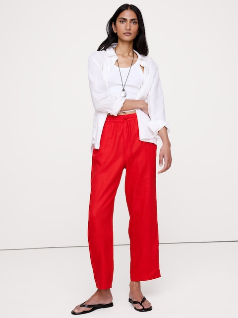 PANTALON DROIT À TAILLE EXTENSIBLE EN LIN ESCAPADE