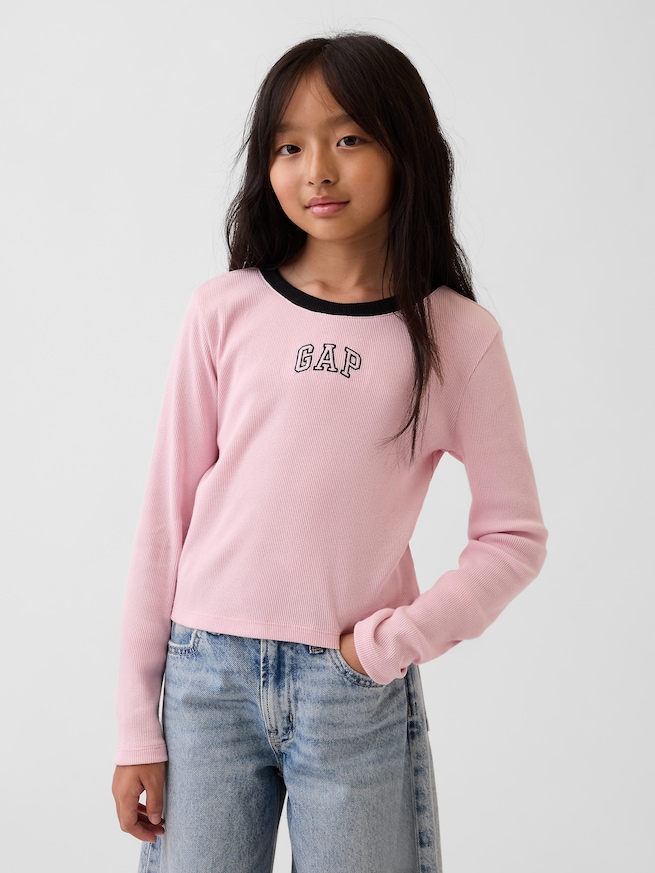 リブ クロップド リンガーTシャツ (キッズ)-0