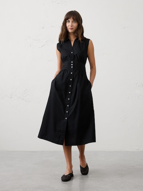 Poplin Collared Button-Down Midi Dress