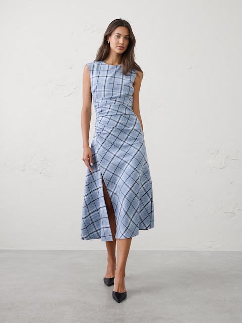 High-Neck Draped Midi Dress