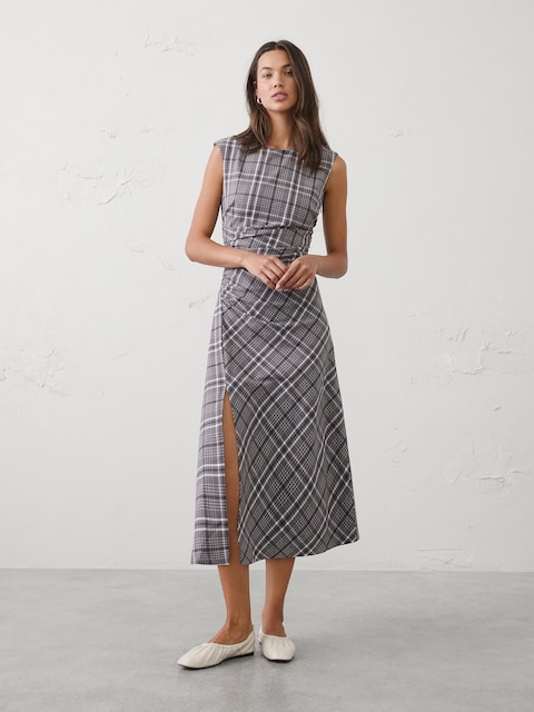 High-Neck Draped Midi Dress