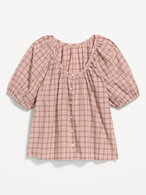 Short-Sleeve Button-Front Plaid Top