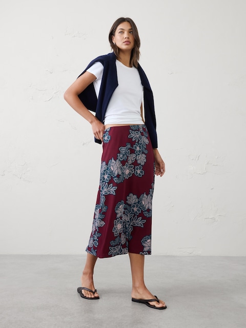 JUPE MI-LONGUE À TAILLE EXTENSIBLE EN SERGÉ LUSTRÉ