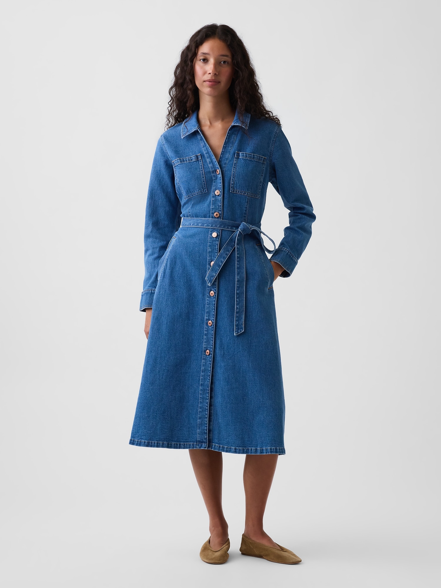 Denim Tie-Belt Midi Dress
