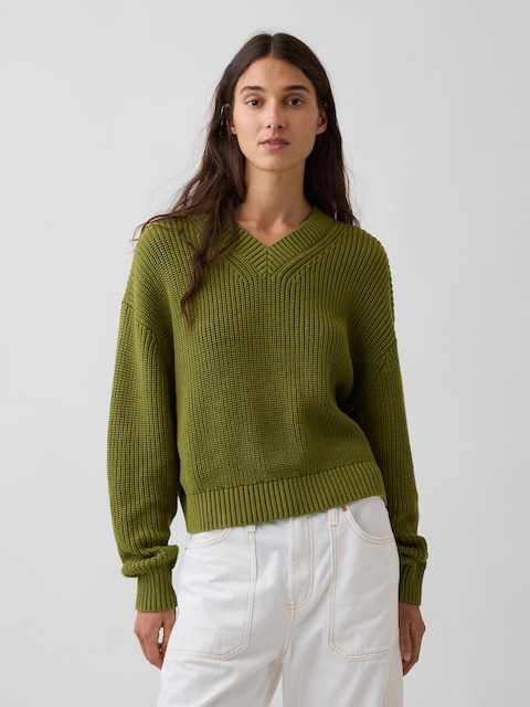100% Cotton Oversized Shaker V-Neck Sweater
