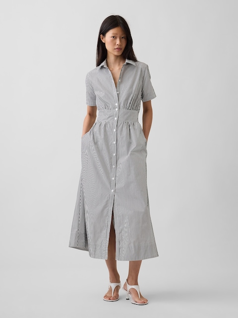 Poplin Smocked-Waist Maxi Shirtdress