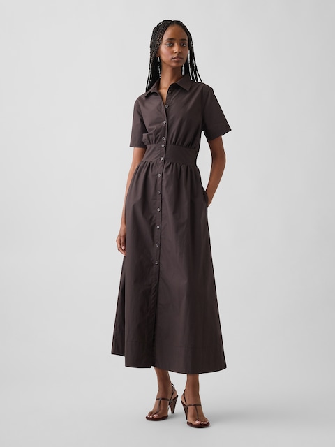 ROBE CHEMISIER LONGUE À TAILLE SMOCKÉE EN POPELINE