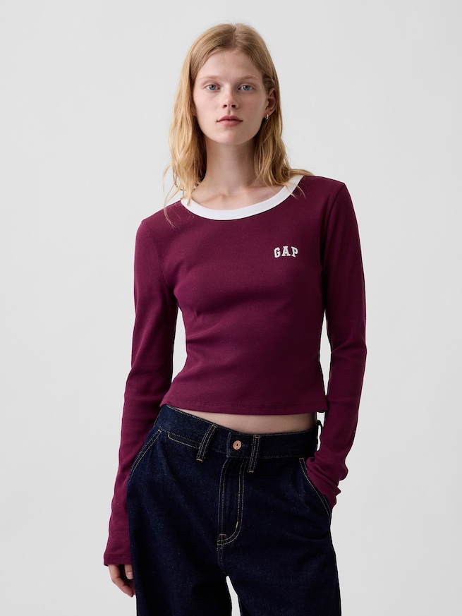 リブ クロップド リンガーTシャツ-0