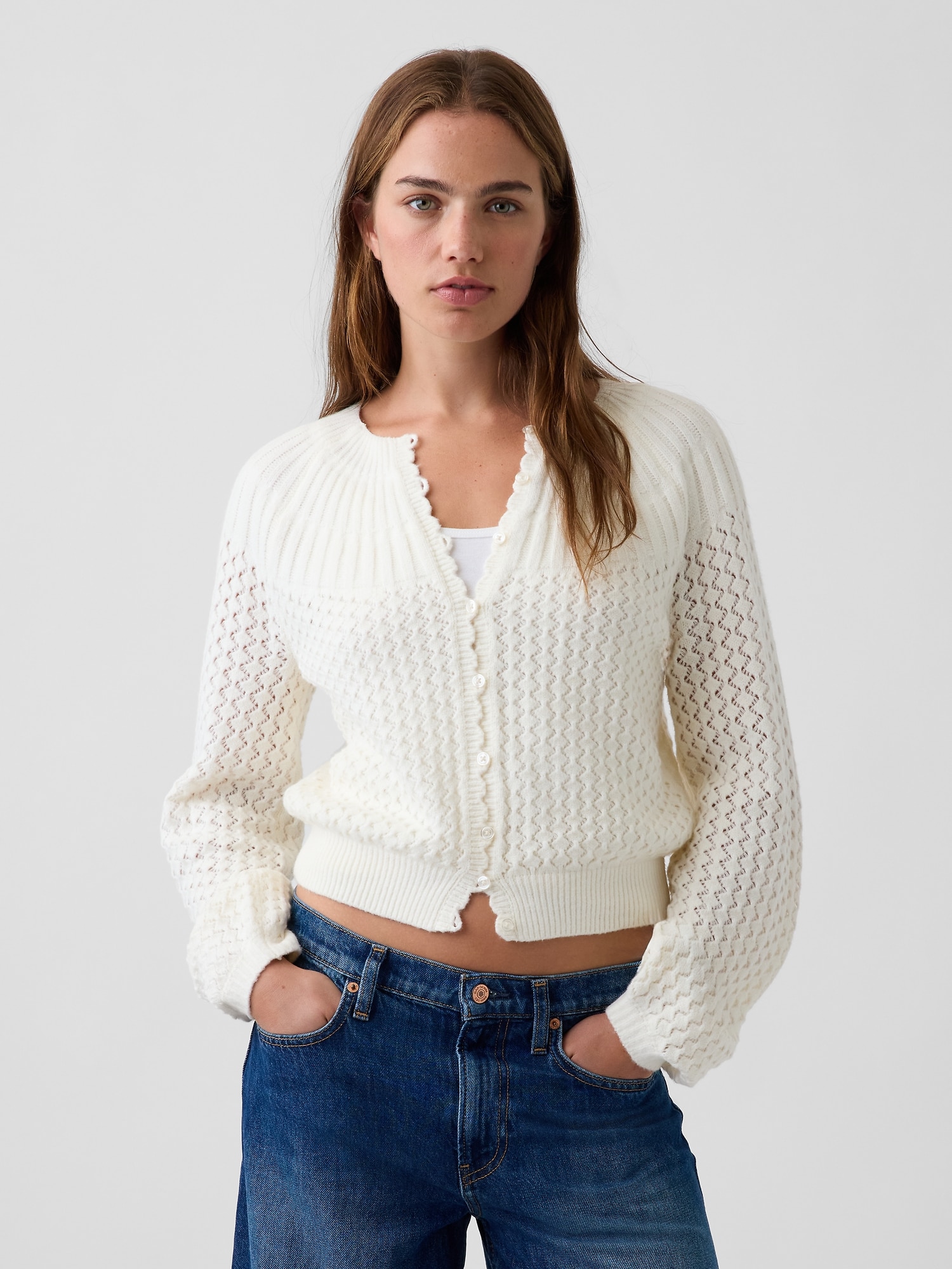 Gap Cashsoft Mix-stitch Crop Cardigan Sweater In Ivory Beige Frost