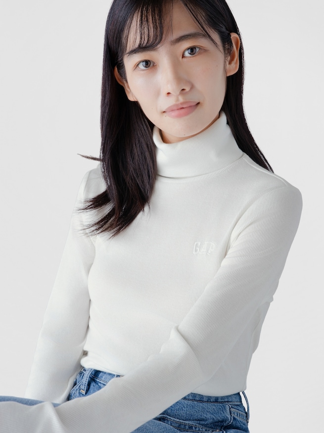 リブ GAPロゴ タートルネックTシャツ-2
