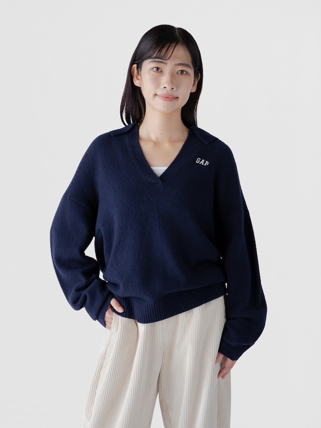 CashSoft カシミヤタッチ オーバーサイズ GAPロゴ ジョニーカラーセーター-0