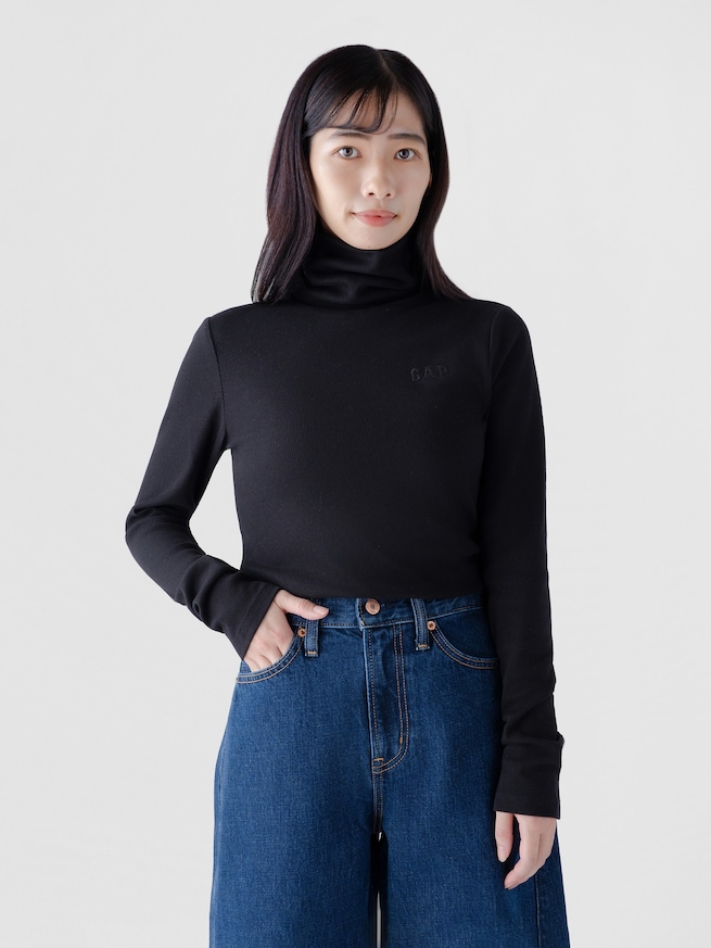 リブ GAPロゴ タートルネックTシャツ-0